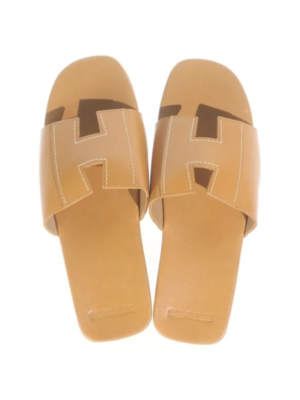 Hermes Logo Kevral Sandals Leather Wood Mules Shoes Brown 35